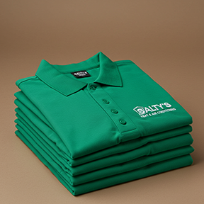 stack of green custom embroidered polo shirts