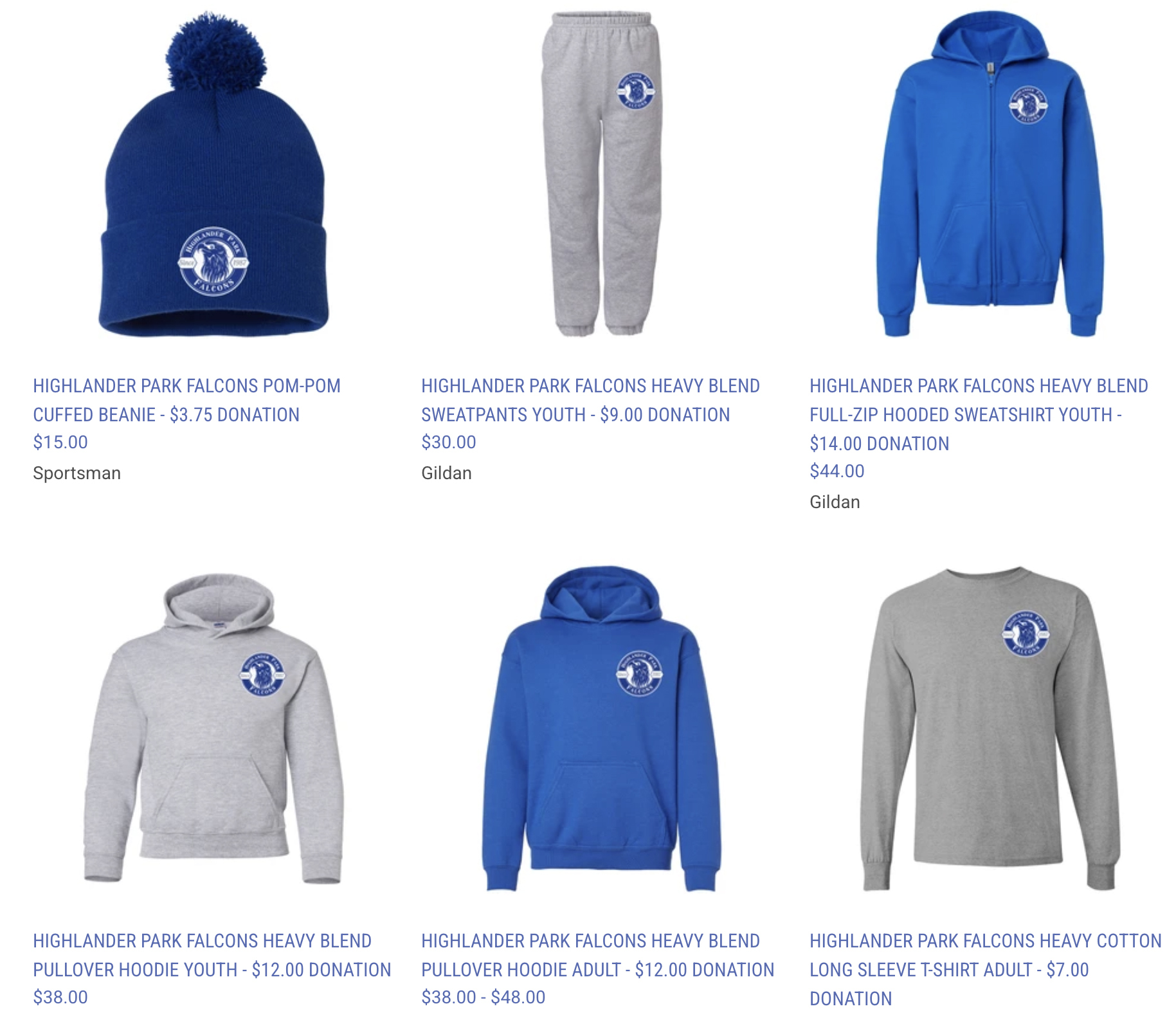 Sample school spirit wear store showing a toque, sweatpants, hoodies and a long-sleeve tee with the donation amount for each item.